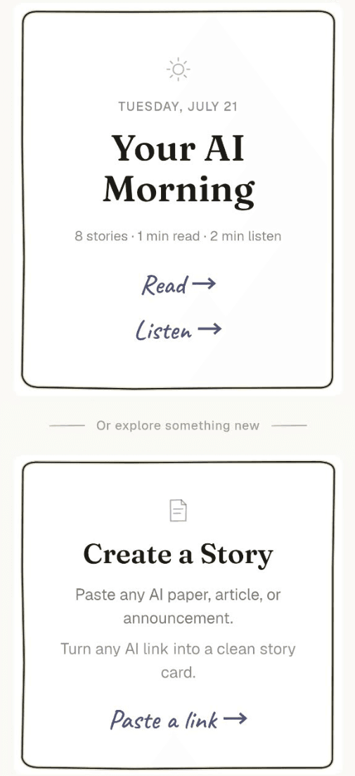 The DayNews home screen: “Your AI Morning” briefing and “Create a Story”.